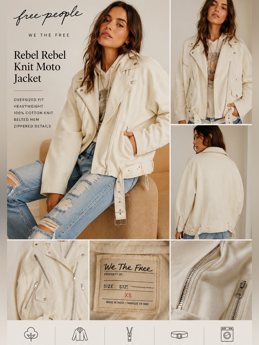 Free People We The Free Rebel Rebel Knit Moto Jacket Ivory XS Oversized Belted
